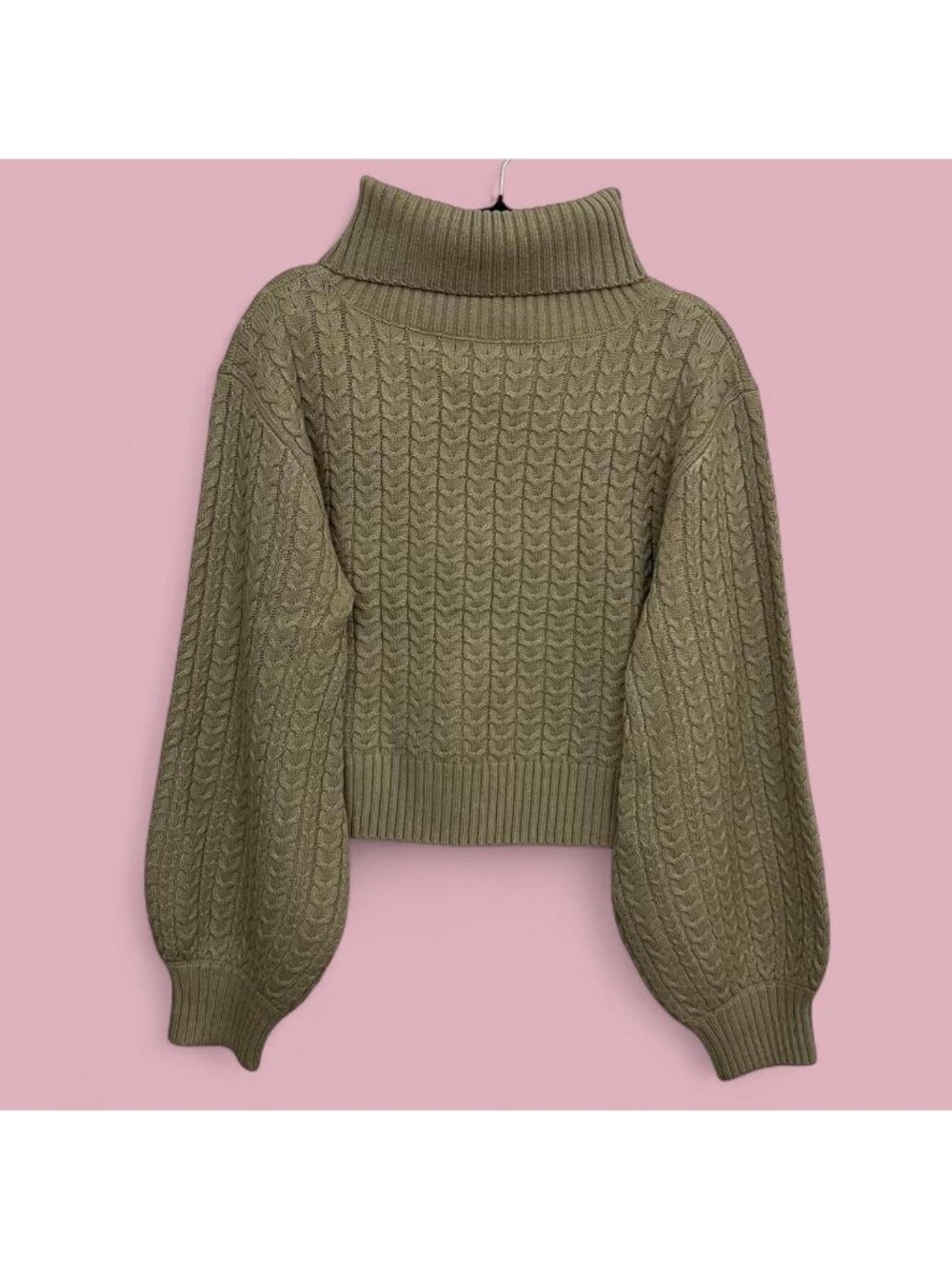 weworewhat beige cropped cable knit balloon sleeve turtleneck sweater